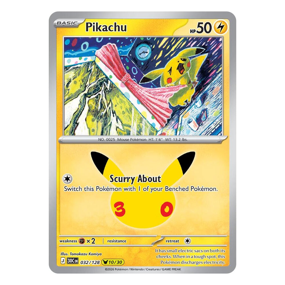 Pikachu 032/128 (10/30) by Tomokazu Komiya from Pokémon TCG: 30th Celebration, Near Mint
