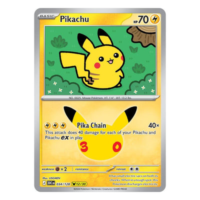 Pikachu 034/128 (12/30) by USGMEN from Pokémon TCG: 30th Celebration, Near Mint