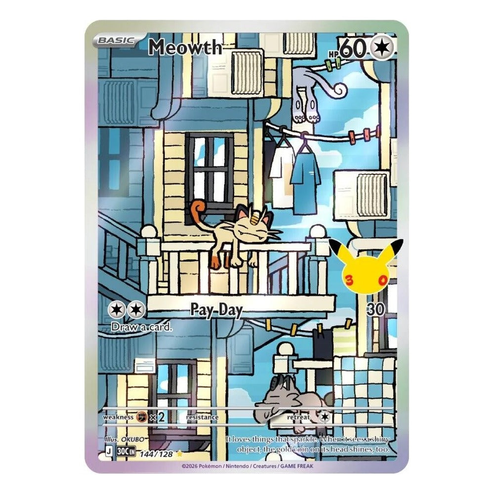 Meowth 144/128 Illustration Rare from Pokémon TCG: 30th Celebration, Near Mint