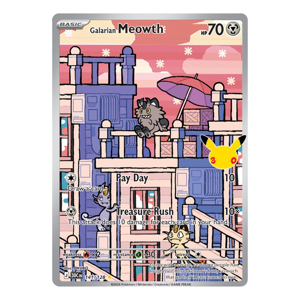 Galarian Meowth 141/128 Illustration Rare from Pokémon TCG: 30th Celebration, Near Mint