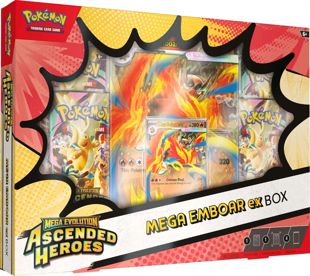 Contents of the Mega Evolution—Ascended Heroes ex Box: 4 booster packs, foil promo and oversize lenticular card