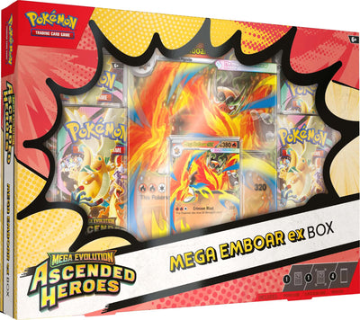 Contents of the Mega Evolution—Ascended Heroes ex Box: 4 booster packs, foil promo and oversize lenticular card