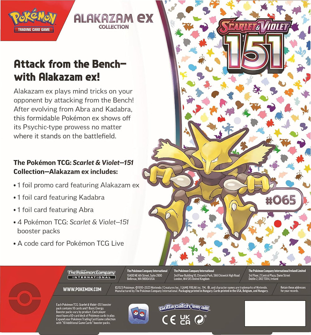Contents of the Alakazam ex Collection Box: foil Abra, Kadabra, Alakazam ex and 4 SV151 booster packs