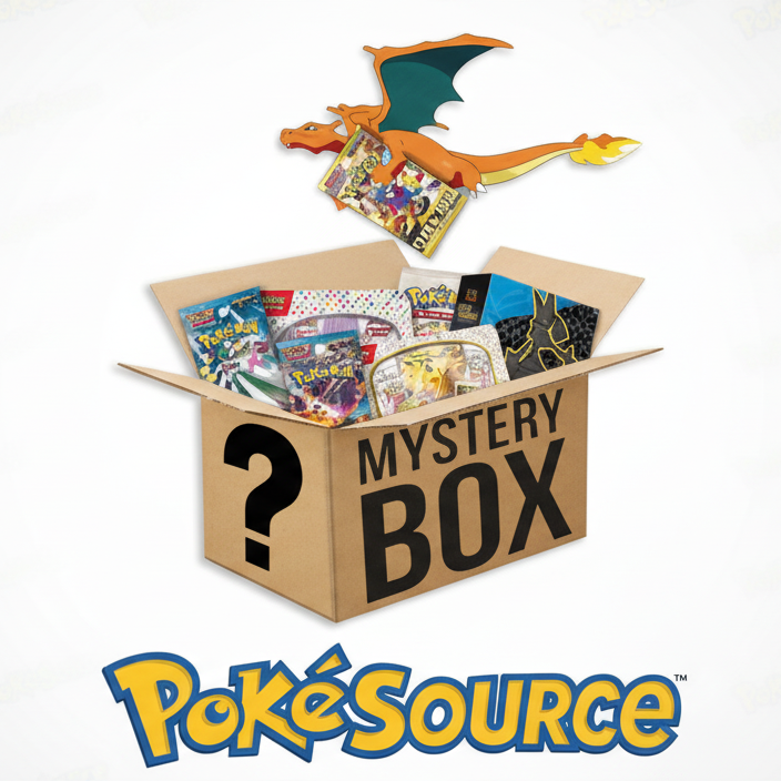 Mystery box from PokéSource with various Pokémon products on a white background