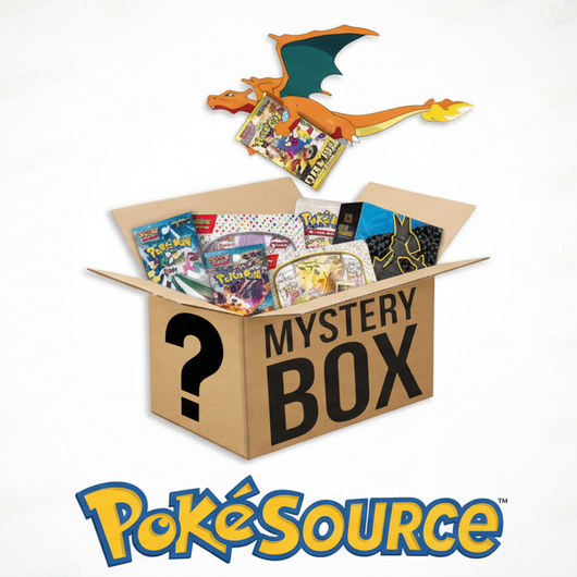 Mystery box from PokéSource with various Pokémon products on a white background