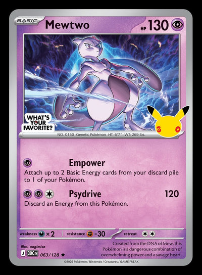 Pokémon TCG Mewtwo 063/128 What's Your Favorite? promo, 30th Celebration, stock scan