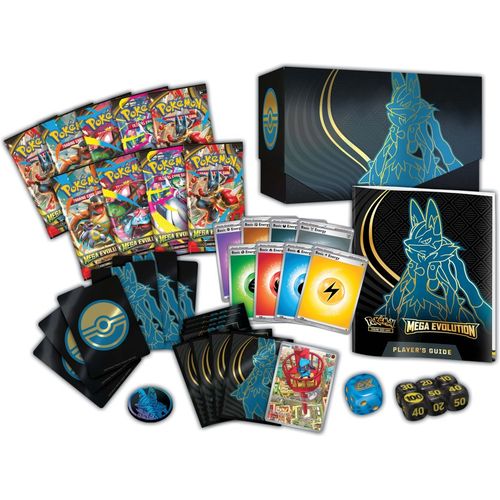 Contents of the Mega Evolution ETB: 9 booster packs, foil promo, 65 sleeves, 40 Energy cards, dice and coin