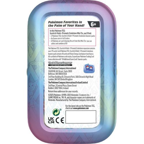 Back of the Prismatic Evolutions Mini Tin showing contents details