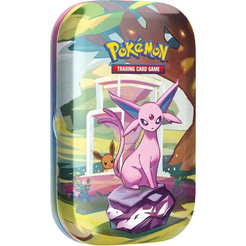 Espeon Prismatic Evolutions Mini Tin design