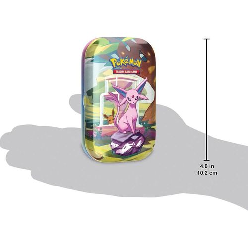 Espeon Prismatic Evolutions Mini Tin shown to scale