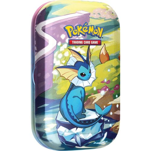 Vaporeon Prismatic Evolutions Mini Tin design