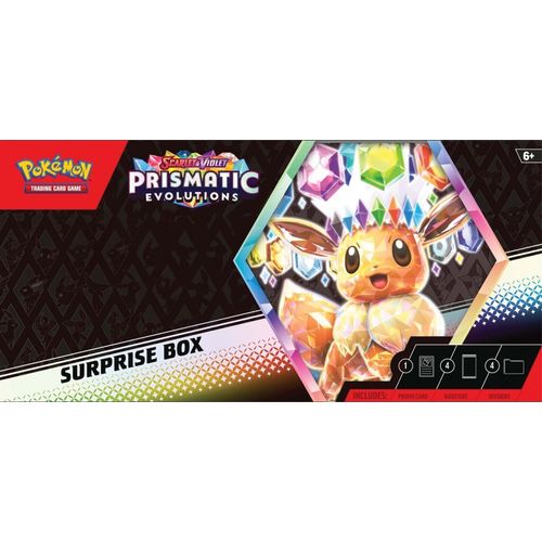 Pokémon TCG Scarlet & Violet—Prismatic Evolutions Surprise Box, sealed (front view, 4 packs and assorted Eeveelution ex promo)