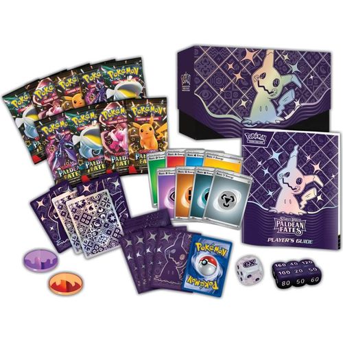 Contents of the Paldean Fates ETB: 9 booster packs, Shiny Mimikyu promo, sleeves and accessory kit