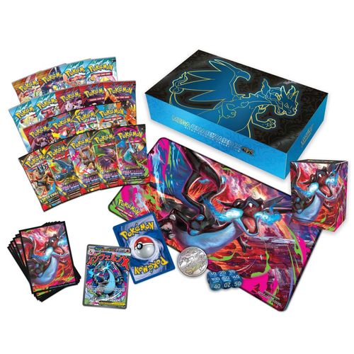 Contents of the Mega Charizard X ex UPC: 18 booster packs, foil promos, playmat, deck box, sleeves and accessories