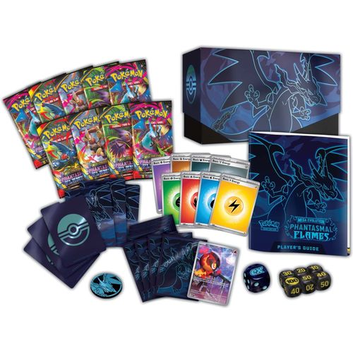 Contents of the Phantasmal Flames ETB: 9 booster packs, Charcadet promo, sleeves, Energy cards and accessories
