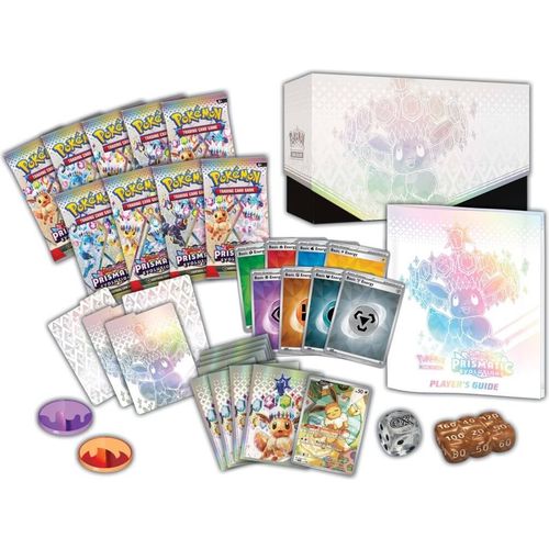 Contents of the Prismatic Evolutions ETB: 9 booster packs, Eevee promo, sleeves and accessory kit