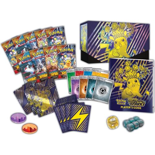 Contents of the Surging Sparks Elite Trainer Box: 9 booster packs, Magneton promo, sleeves, Energy cards and accessories