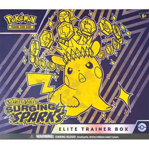 Front of the Surging Sparks Elite Trainer Box featuring Pikachu ex