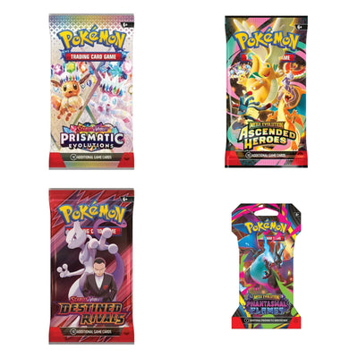 Four Pokémon TCG booster packs — Prismatic Evolutions, Ascended Heroes, Destined Rivals and Phantasmal Flames — daily deal sampler