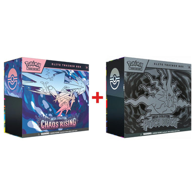Pokémon TCG Chaos Rising and Pitch Black Elite Trainer Boxes shown side by side — daily deal bundle