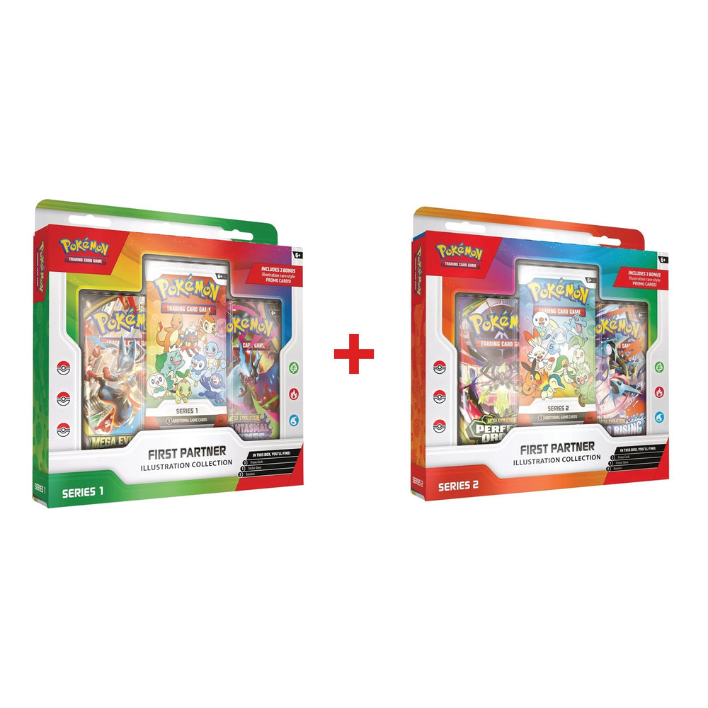 Pokémon TCG First Partner Illustration Collection Series 1 and Series 2 side by side — daily deal bundle