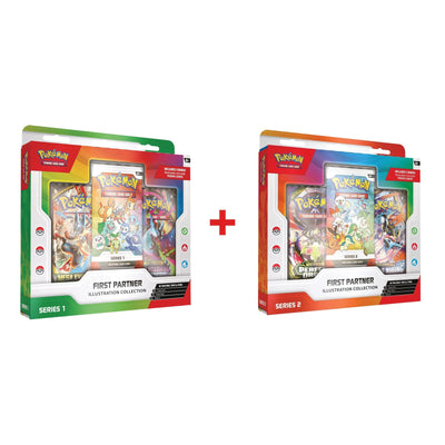Pokémon TCG First Partner Illustration Collection Series 1 and Series 2 side by side — daily deal bundle
