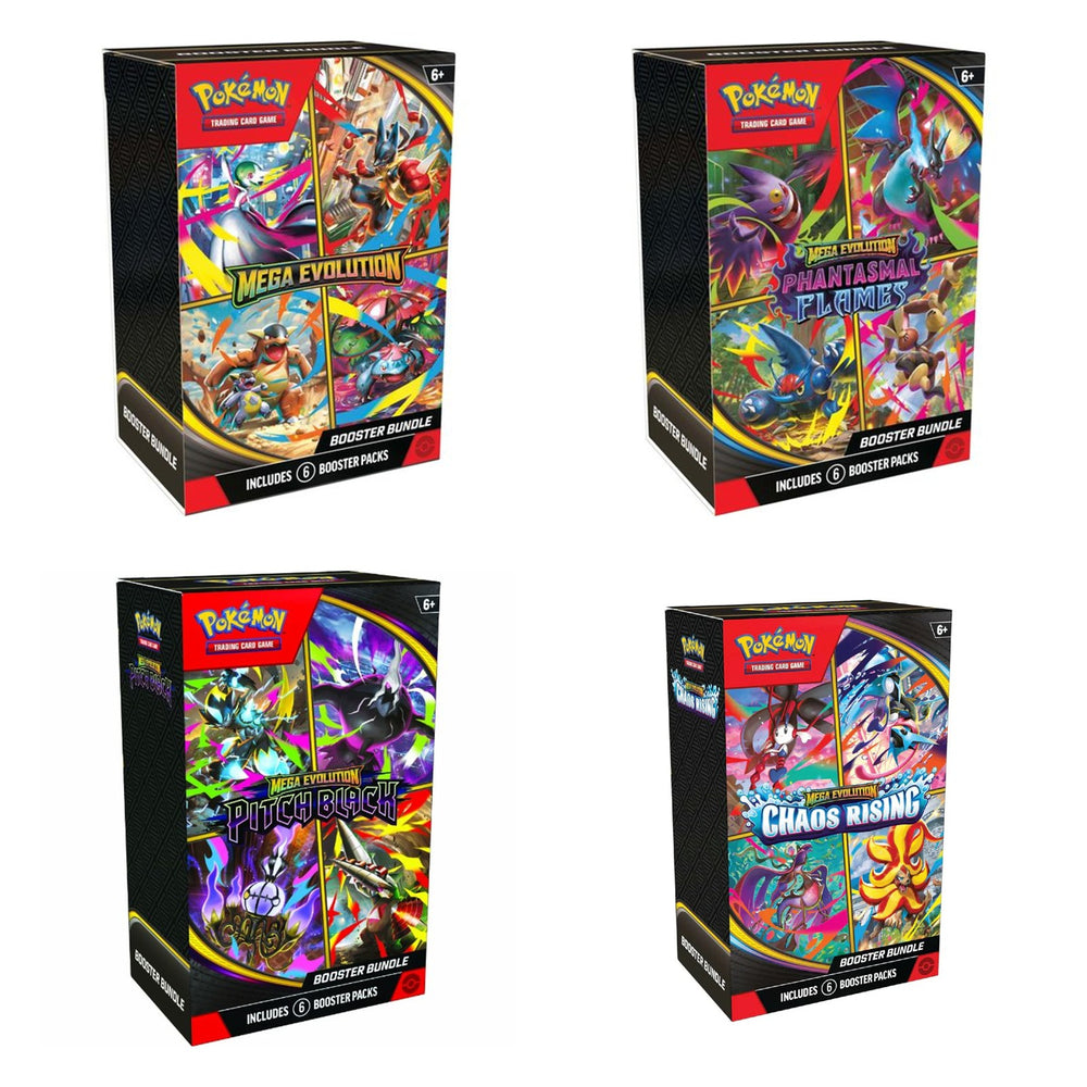Four Mega era Pokémon TCG Booster Bundles in one stack — Mega Evolution, Phantasmal Flames, Pitch Black, Chaos Rising