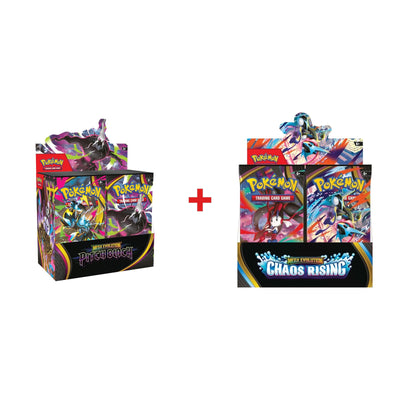 Pokémon TCG Pitch Black and Chaos Rising booster boxes side by side — daily deal duo