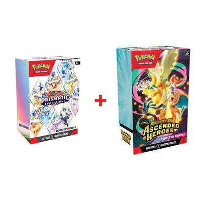 Pokémon TCG Prismatic Evolutions and Ascended Heroes Booster Bundles side by side — daily deal duo