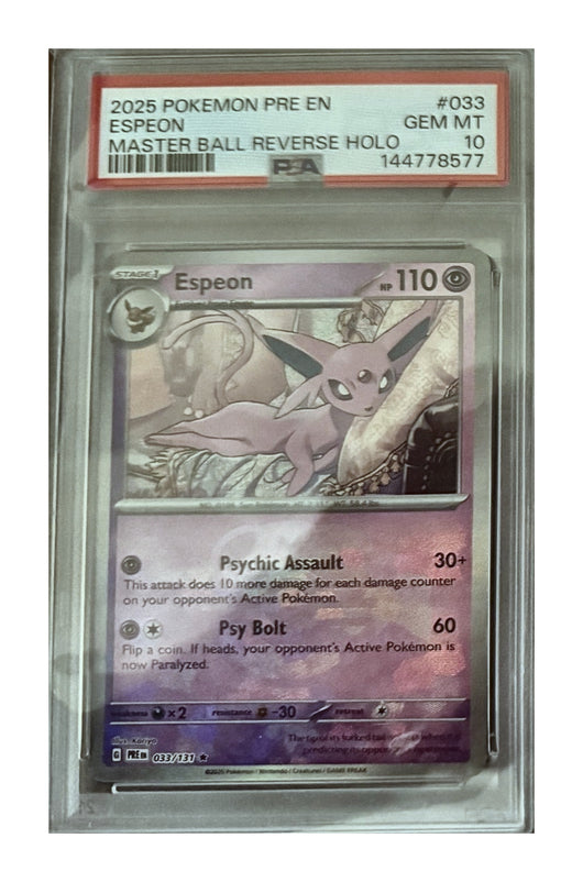 Espeon 033/131 from Pokémon TCG Scarlet & Violet—Prismatic Evolutions, graded PSA 10 GEM MT in a PSA slab