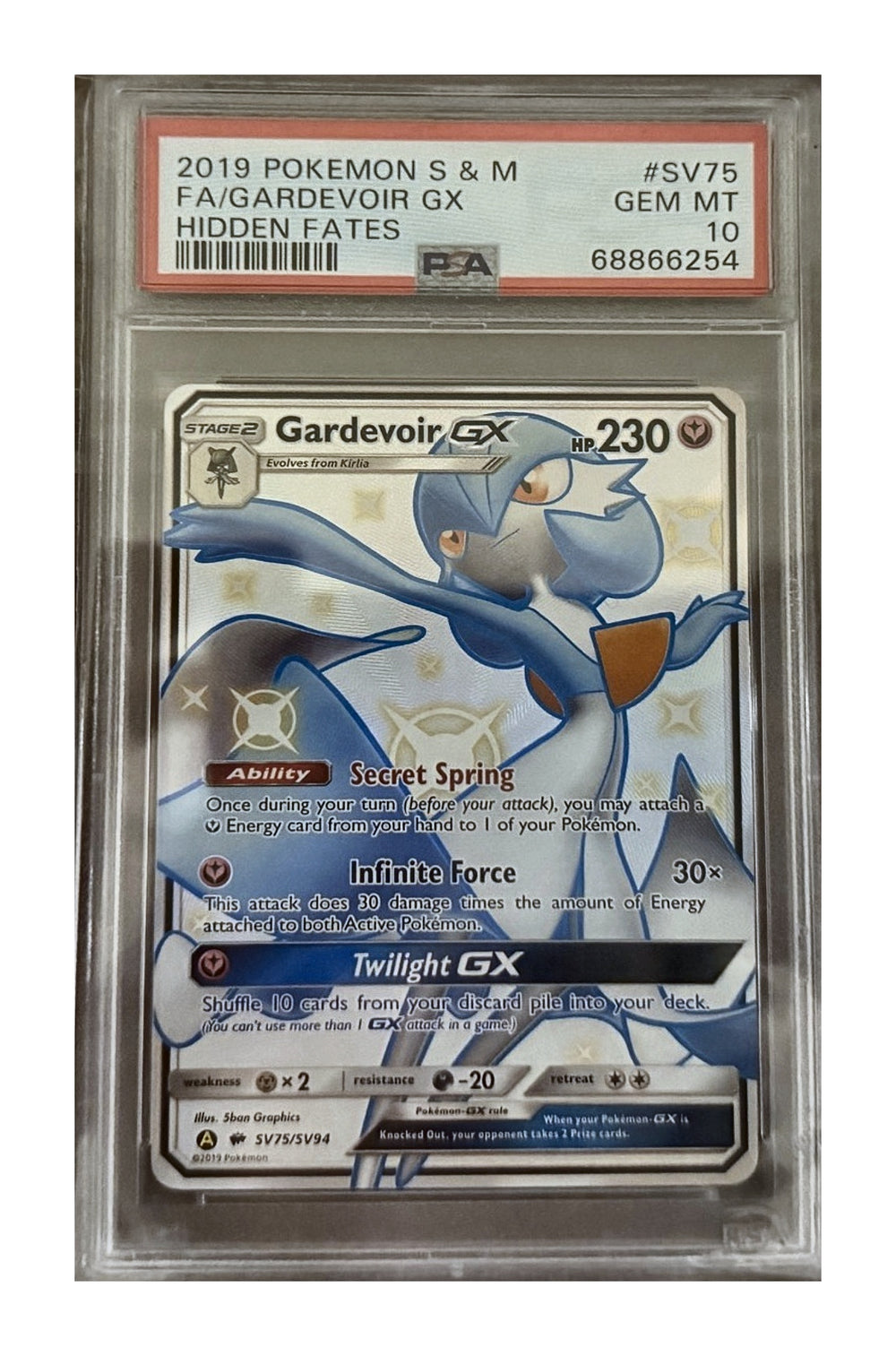 Gardevoir-GX SV75/SV94 from Pokémon TCG Sun & Moon—Hidden Fates (Shiny Vault), graded PSA 10 GEM MT in a PSA slab