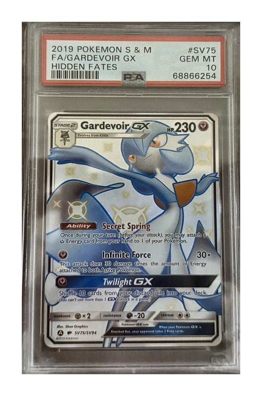 Gardevoir-GX SV75/SV94 from Pokémon TCG Sun & Moon—Hidden Fates (Shiny Vault), graded PSA 10 GEM MT in a PSA slab