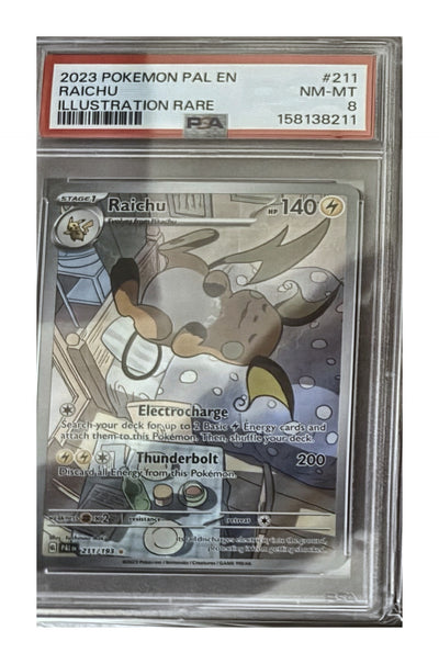 Raichu 211/193 from Pokémon TCG Scarlet & Violet—Paldea Evolved, graded PSA 8 NM-MT in a PSA slab