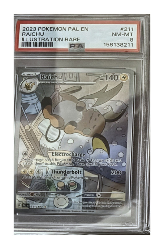 Raichu 211/193 from Pokémon TCG Scarlet & Violet—Paldea Evolved, graded PSA 8 NM-MT in a PSA slab