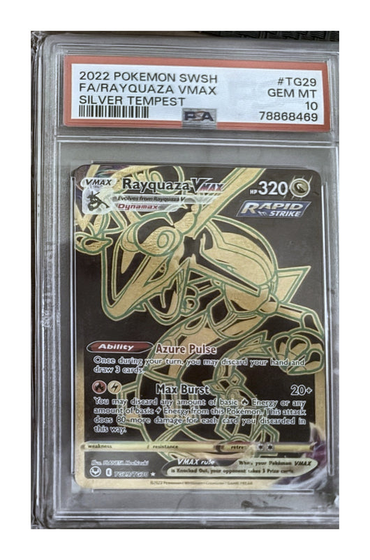 Rayquaza VMAX TG29/TG30 from Pokémon TCG Sword & Shield—Silver Tempest Trainer Gallery, graded PSA 10 GEM MT in a PSA slab