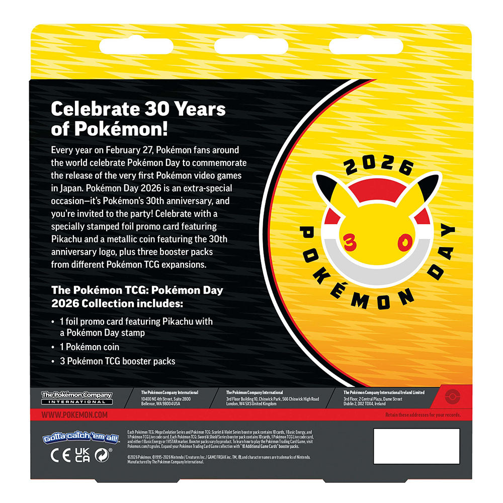 Pokémon Day 2026 Collection contents — stamped Pikachu promo, anniversary coin, and 3 booster packs