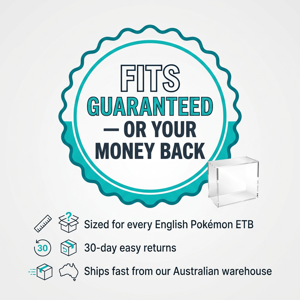 Pokémon ETB acrylic display case sized to fit all English Elite Trainer Boxes