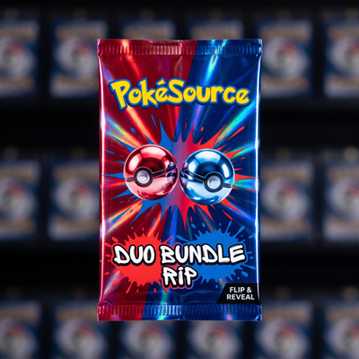 Pokémon TCG Duo Bundle Rip mystery pack — PokéSource rip box, flip and reveal a sealed two-set duo bundle