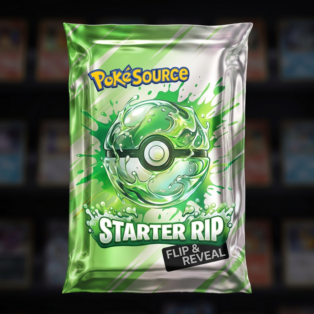 Pokémon TCG Starter Rip mystery pack — PokéSource rip box, flip and reveal real sealed product