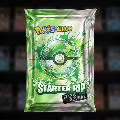 Pokémon TCG Starter Rip mystery pack — PokéSource rip box, flip and reveal real sealed product