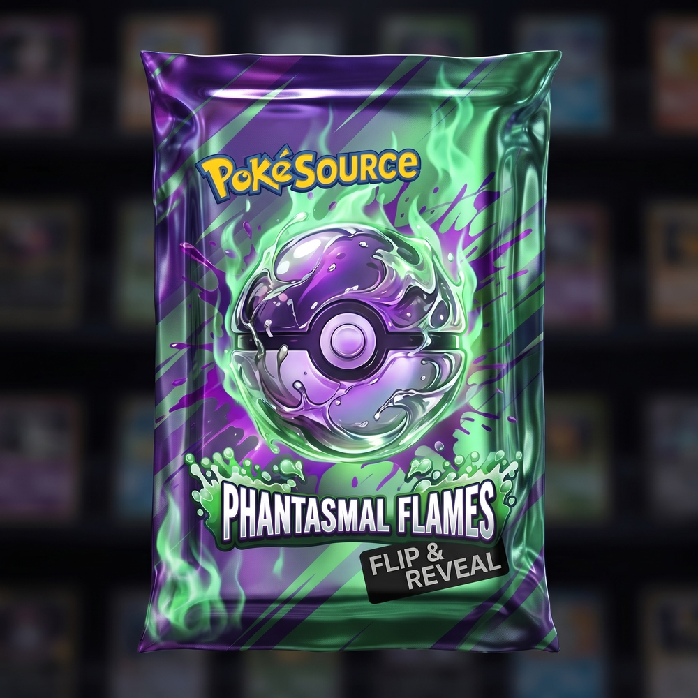 Pokémon TCG Phantasmal Flames Rip Box mystery pack — PokéSource rip box, flip and reveal real sealed product