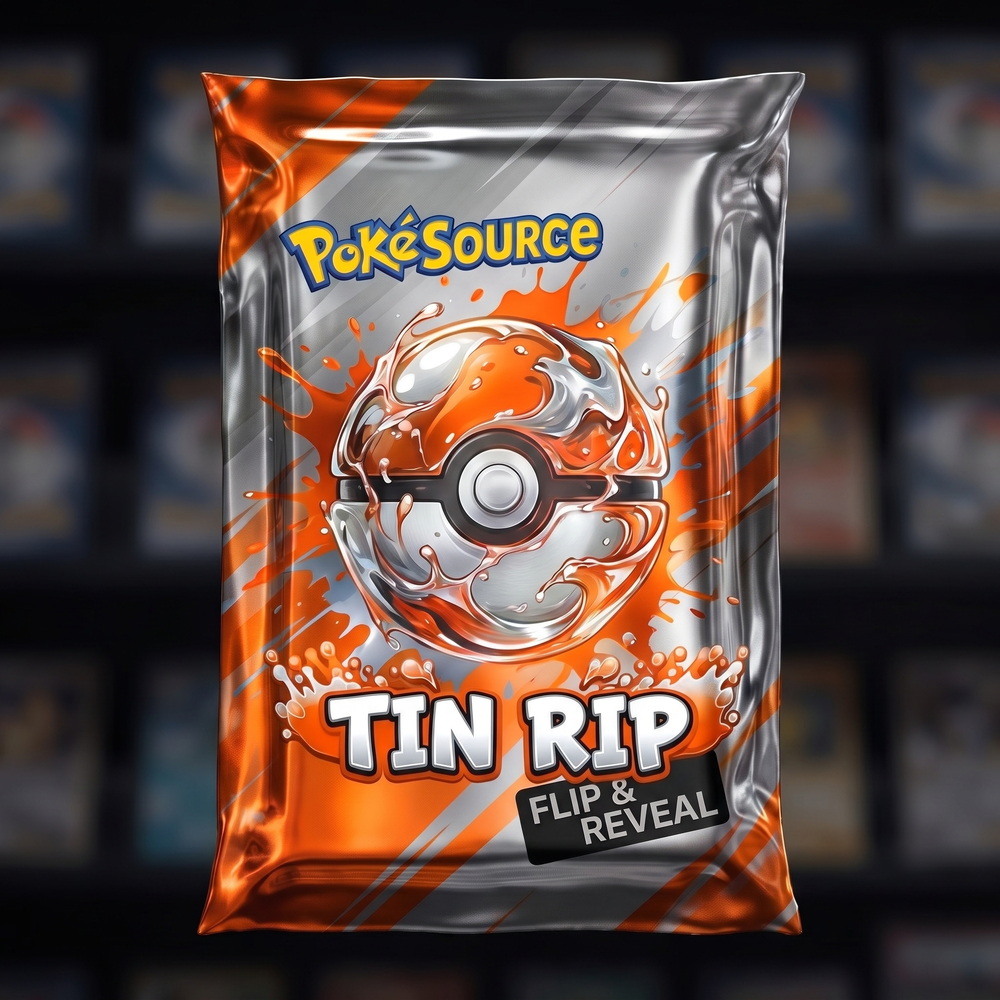 Pokémon TCG Tin Rip mystery pack — PokéSource rip box, flip and reveal real sealed product