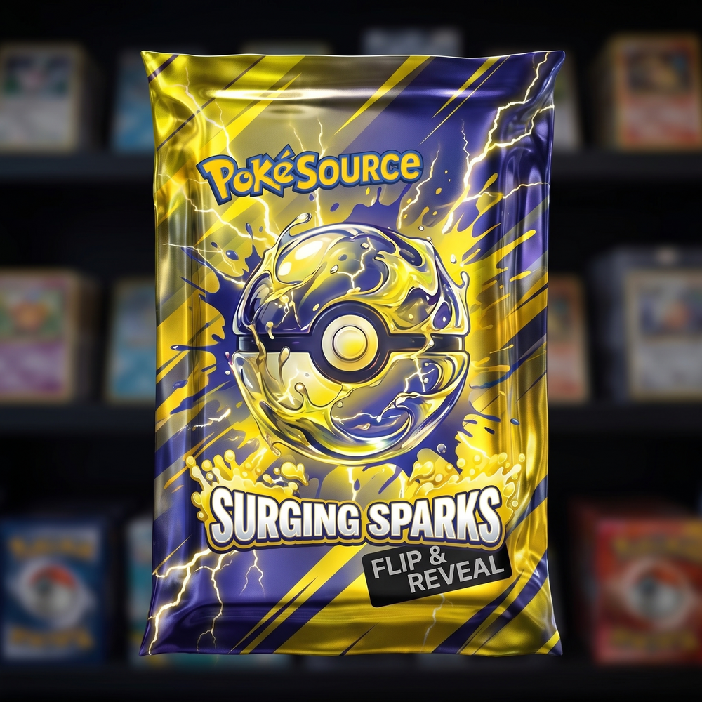 Pokémon TCG Surging Sparks Rip Box mystery pack — PokéSource rip box, flip and reveal real sealed product