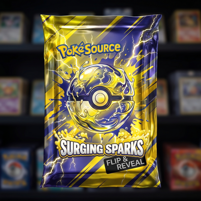 Pokémon TCG Surging Sparks Rip Box mystery pack — PokéSource rip box, flip and reveal real sealed product