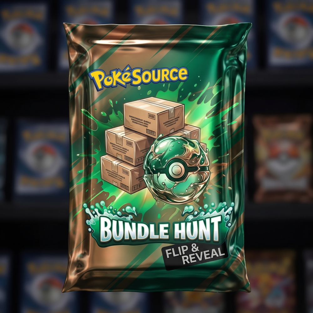 Pokémon TCG Bundle Hunt Rip Box mystery pack — PokéSource rip box, flip and reveal real sealed product
