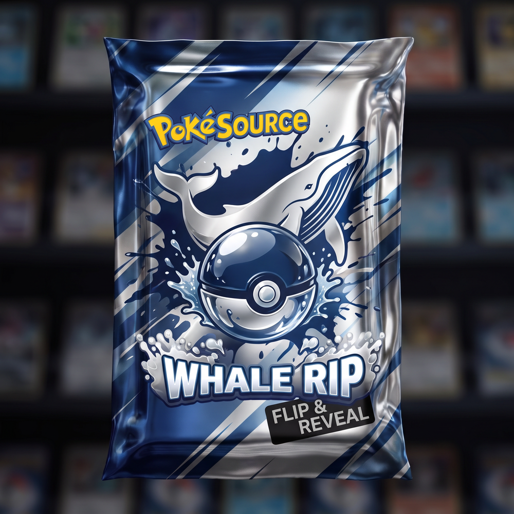 Pokémon TCG Whale Rip mystery pack — PokéSource rip box, flip and reveal real sealed product