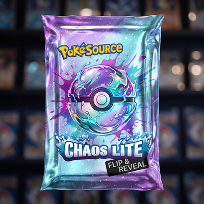 Pokémon TCG Chaos Rising Rip Lite mystery pack — PokéSource rip box, flip and reveal real sealed product