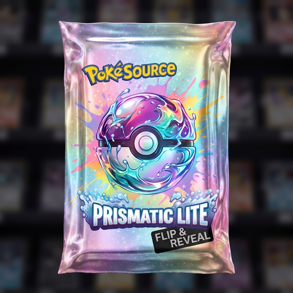Pokémon TCG Prismatic Rip Lite mystery pack — PokéSource rip box, flip and reveal real sealed product