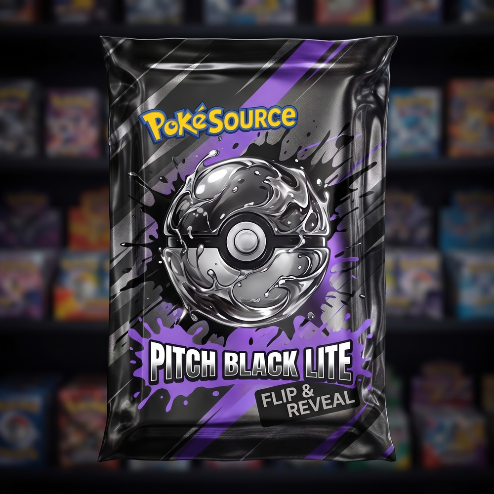 Pokémon TCG Pitch Black Rip Lite mystery pack — PokéSource rip box, flip and reveal real sealed product