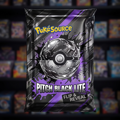 Pokémon TCG Pitch Black Rip Lite mystery pack — PokéSource rip box, flip and reveal real sealed product